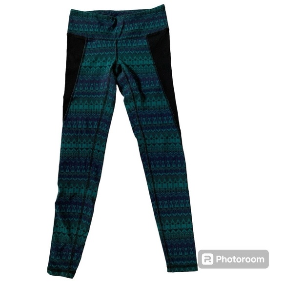 ALO Yoga Illusion 3 Leggings Black/Teal Green Tribal Abstract Print Size Small - Picture 2 of 10